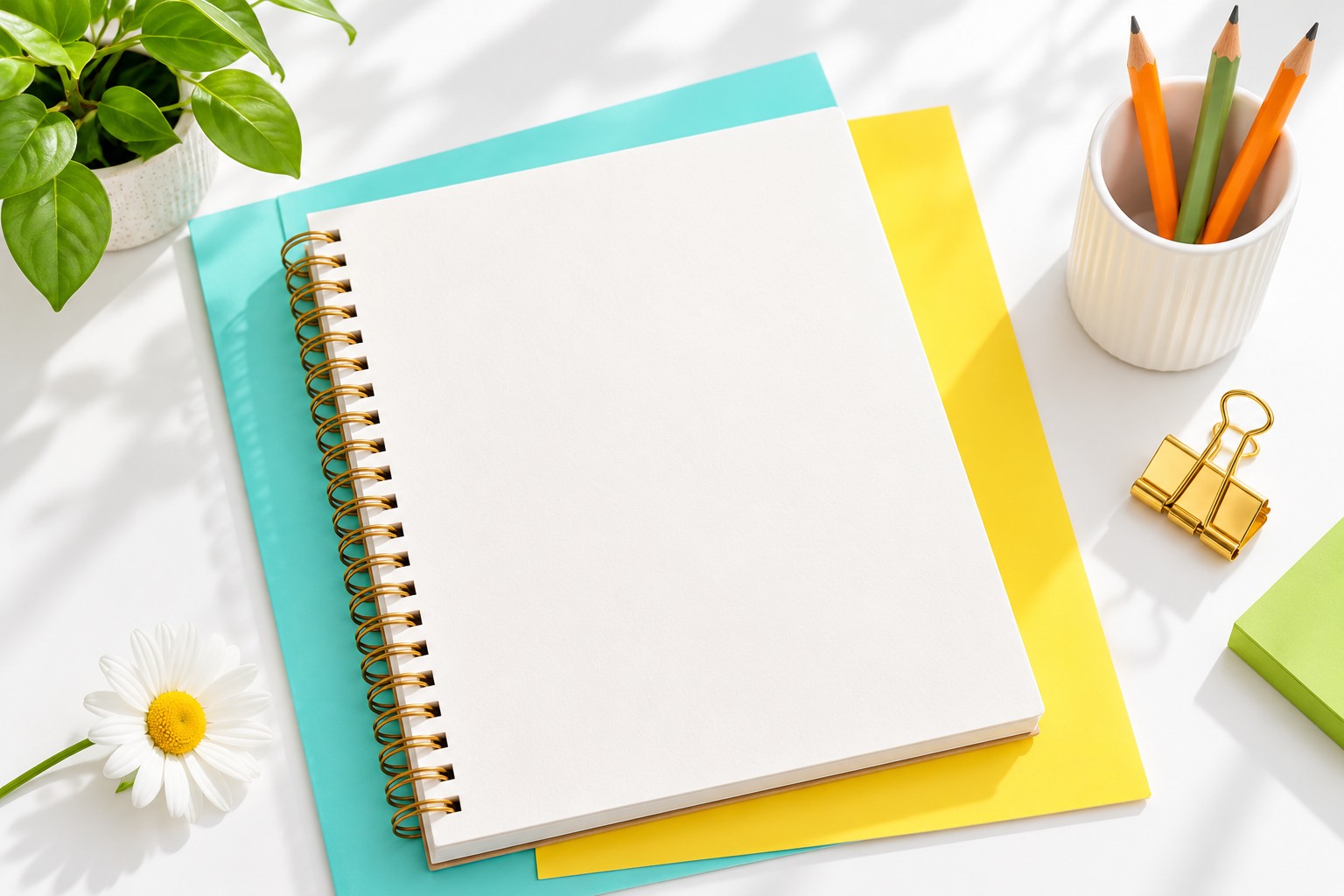 Blank workbook on aqua and yellow paper with pencils and a daisy.