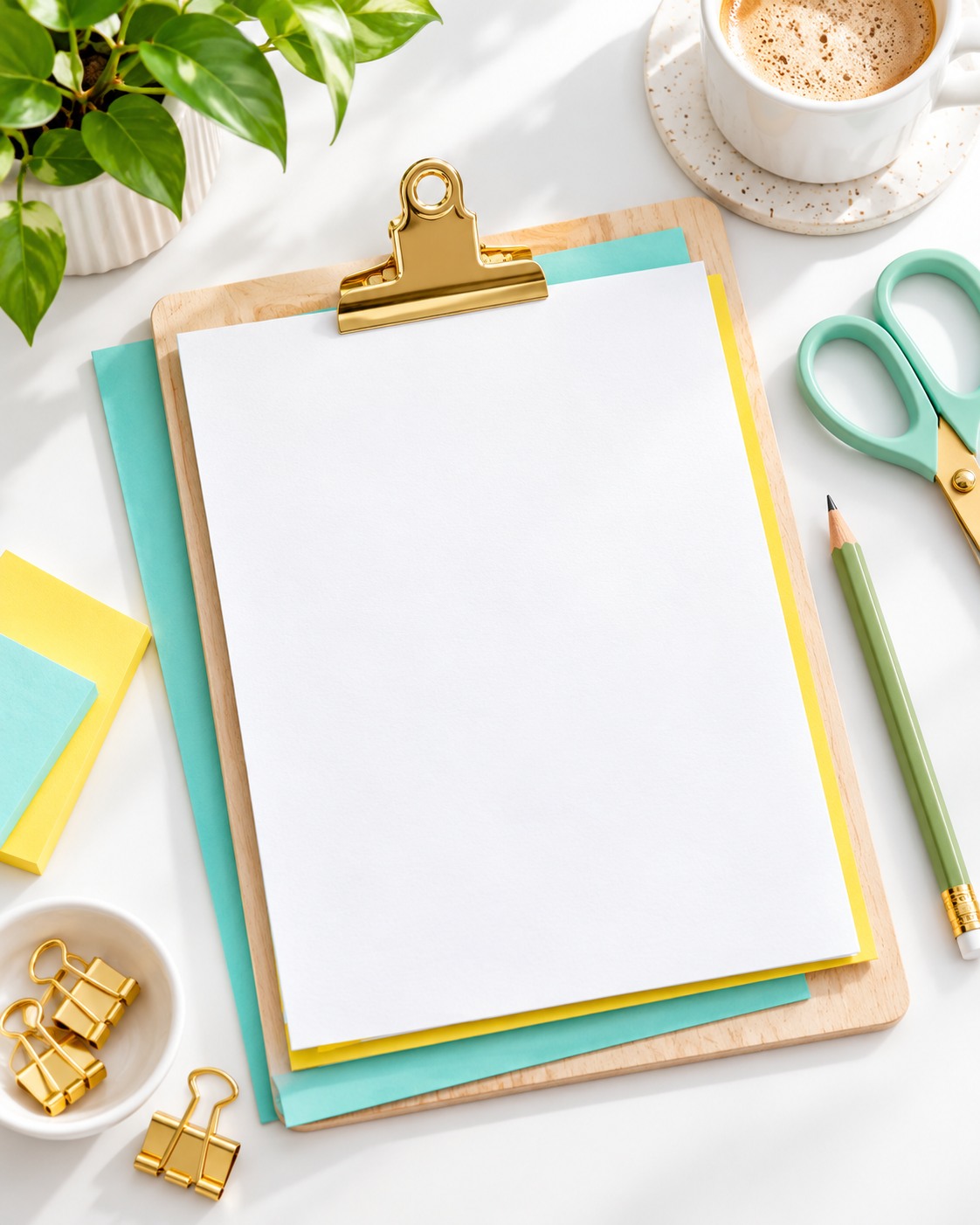 Blank clipboard with aqua and yellow stationery.