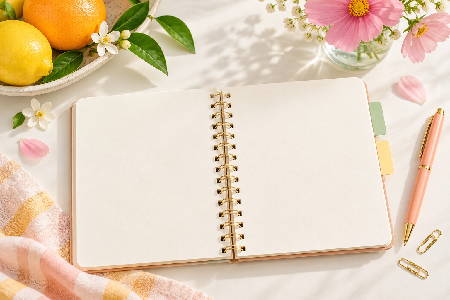 Open blank planner with lemons and pastel stationery.