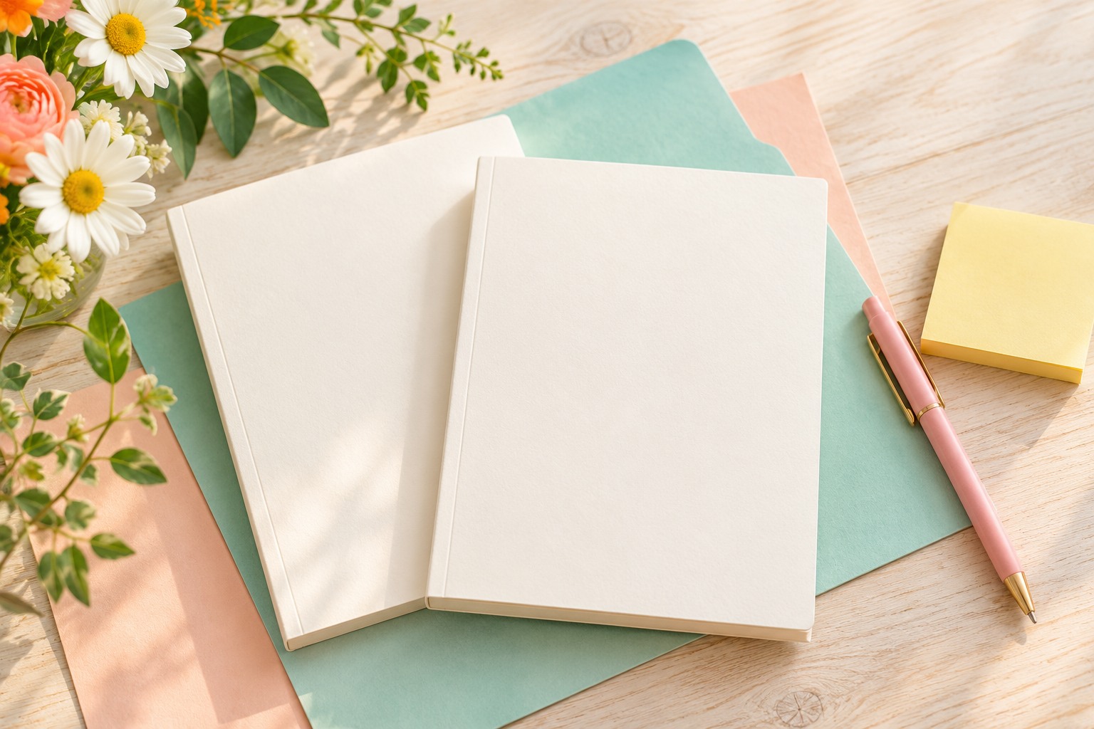 Blank workbooks with lemons, aqua stationery and flowers.